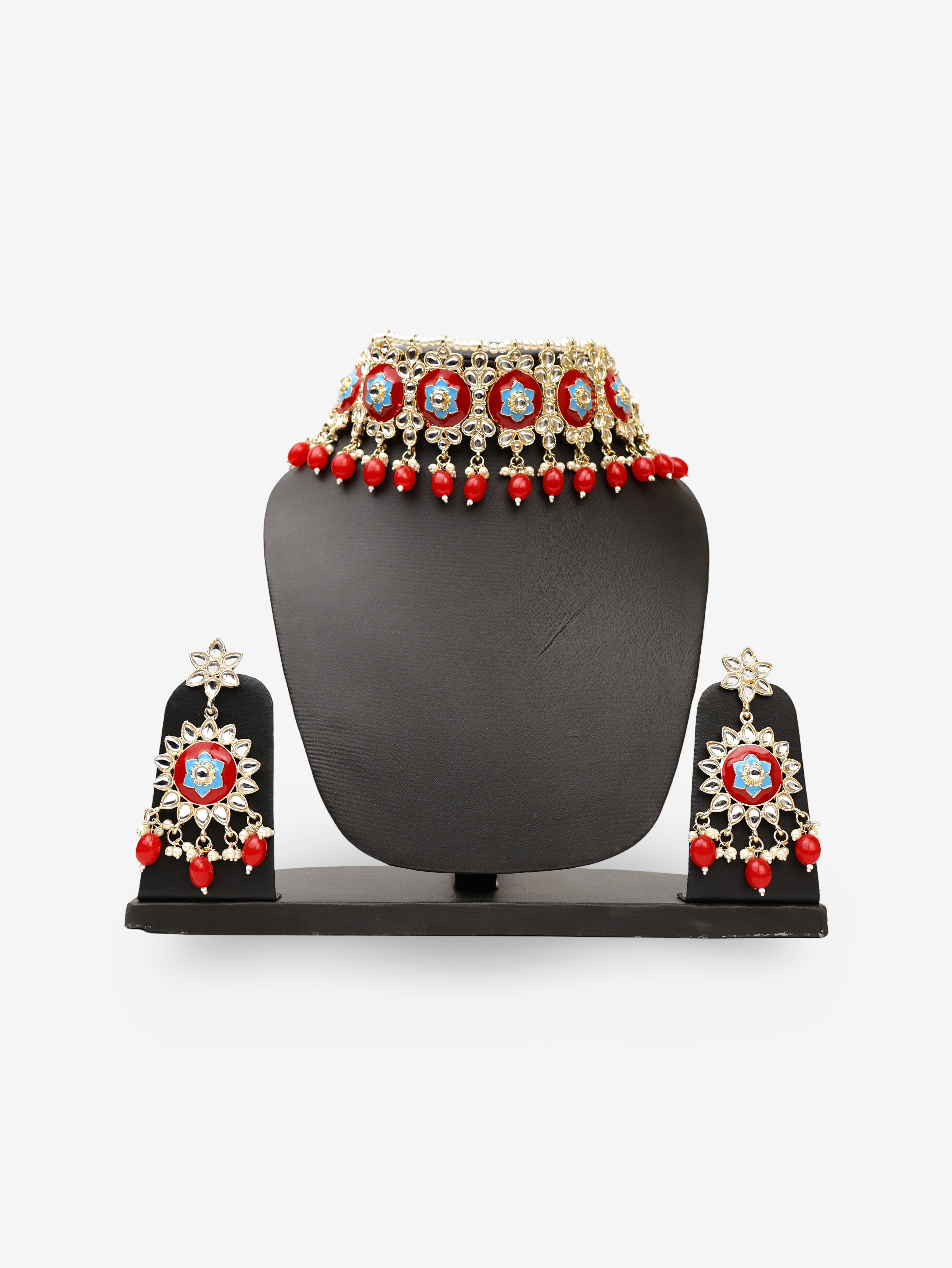 Multicolor Kundan and Pearl Choker Style Necklace Set with Earings and Mang Tikka