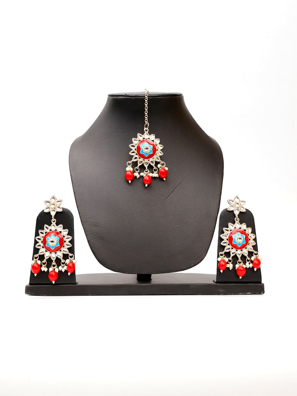 Multicolor Kundan and Pearl Choker Style Necklace Set with Earings and Mang Tikka